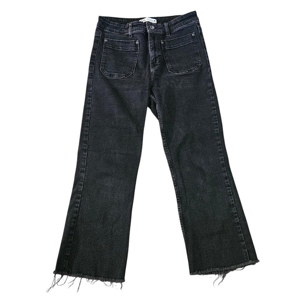 Zara Black Washed Wide Leg Jeans Front Patch Pockets Raw Hem Size 8